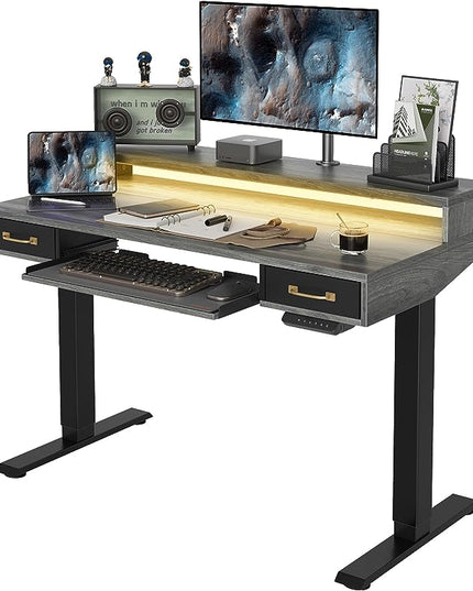 FEZIBO 48 x 24 Inch Height Adjustable Electric Standing Desk with Double Drawers&Keyboard Tray, Stand Up Desk with LED Strips, Sit Stand Desk with Monitor Stand, Rustic Grey - LeafyLoom