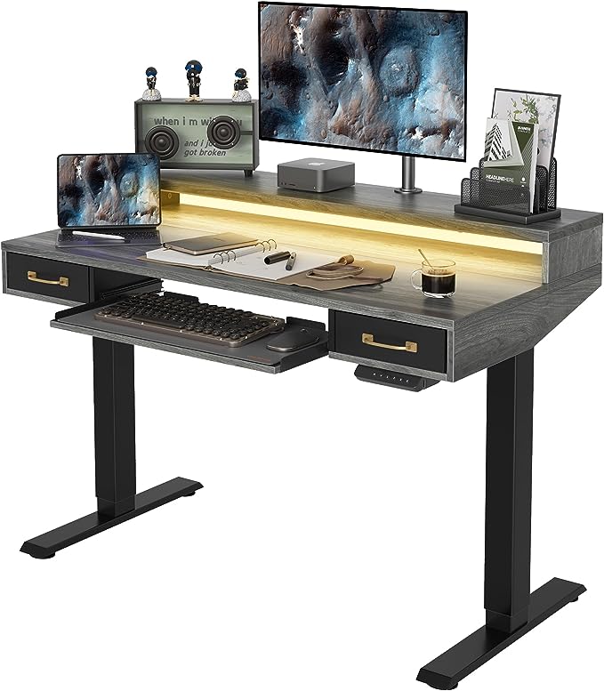 FEZIBO 48 x 24 Inch Height Adjustable Electric Standing Desk with Double Drawers&Keyboard Tray, Stand Up Desk with LED Strips, Sit Stand Desk with Monitor Stand, Rustic Grey - LeafyLoom