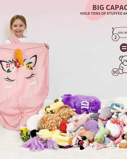 Aubliss Unicorn Stuffed Animal Storage Bean Bag Chair for Kids, Velvet Extra Soft Beanbag Chairs Cover, X-Large Stuffable Zipper Bean Bag for Organizing Plush Toys Girls Bedroom Decor, Pink Floral - LeafyLoom
