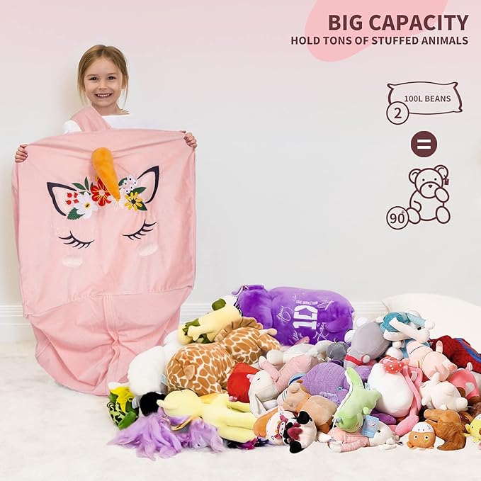 Aubliss Unicorn Stuffed Animal Storage Bean Bag Chair for Kids, Velvet Extra Soft Beanbag Chairs Cover, X-Large Stuffable Zipper Bean Bag for Organizing Plush Toys Girls Bedroom Decor, Pink Floral - LeafyLoom