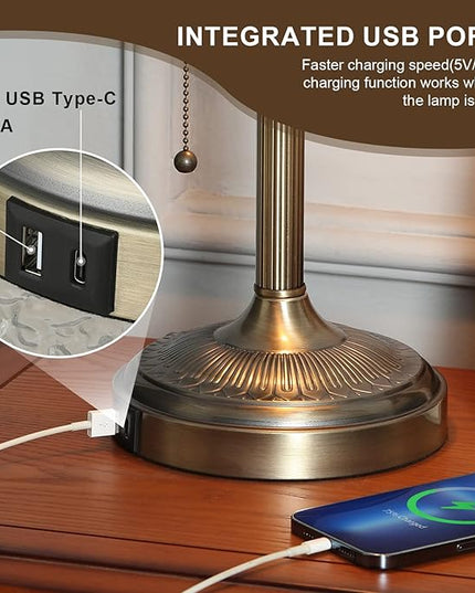 Newrays Green Glass Bankers Desk Lamp with Pull Chain Switch Plug in Fixture,USB Fast Charging Port - LeafyLoom