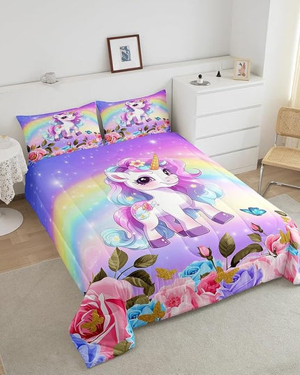 Cute Unicorn Kids Comforter Set King Size,Rainbow Starry Sky Roses Dreamy Bedding Set,Girls Women Room Decor,Cartoon Animals Flowers Down Comforter,Pink Purple Unique Duvet Insert,2 Pillowcases - LeafyLoom