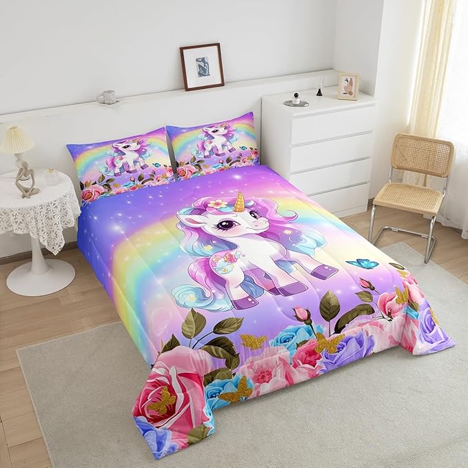 Cute Unicorn Kids Comforter Set Full Size,Rainbow Starry Sky Roses Dreamy Bedding Set,Girls Women Room Decor,Cartoon Animals Flowers Down Comforter,Pink Purple Unique Duvet Insert,2 Pillowcases - LeafyLoom