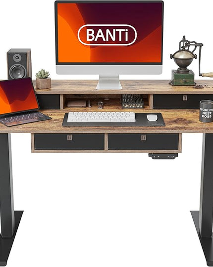 BANTI Height Adjustable Electric Standing Desk with 4 Drawers, 48 x 24 Inch Table with Storage Shelf, Sit Stand Desk, Rustic Brown Top - LeafyLoom