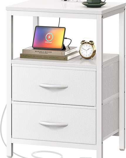 Nightstand with Charging Station, Side Table with Fabric Drawers, End Table with Open Shelf, Bedside Table with USB Ports and Outlets, Night Stand for Bedroom, White - LeafyLoom