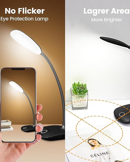 Battery Powered Desk Lamp, Portable Lamps Rechargeable 3 Color Modes Touch Control Stepless Dimming, Wireless Desk Lamp with 2000mAh, Small LED Table Light for Dorm Study Office Bedroom,Black - LeafyLoom