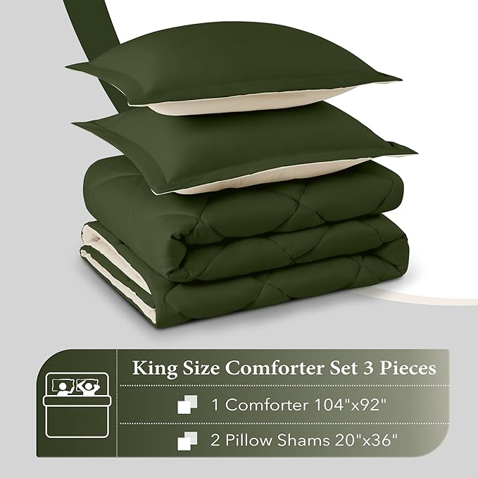 downluxe King Size Comforter Set - Lightweight Solid Down Alternative Reversible?3-Piece King Comforter Set with 2 Reversible Pillow Shams (Lichen Green/White) - LeafyLoom