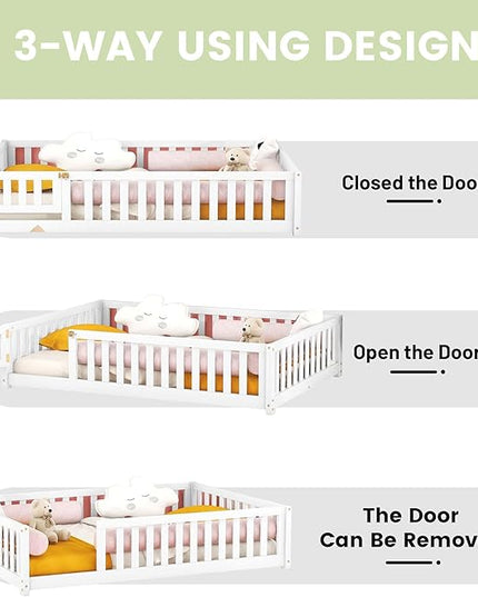 Multifunctional Full Size Floor Bed with Safety Guardrails and Door, Removable Wood Slats, Montessori Beds Frame for Toddlers, for Boys and Girls, White - LeafyLoom
