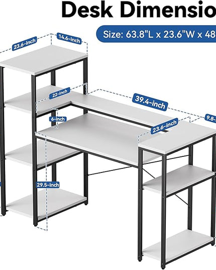 63-Inch Computer Desk with Printer Shelf, Teen Desk, Home Office Desk with Monitor Stand and Bookshelf for Study, Writing, PC Work, Gaming - LeafyLoom