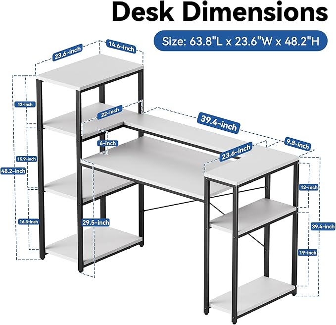 63-Inch Computer Desk with Printer Shelf, Teen Desk, Home Office Desk with Monitor Stand and Bookshelf for Study, Writing, PC Work, Gaming - LeafyLoom