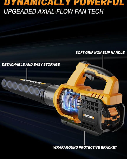 EWORK Cordless Leaf Blower - 21V Electric Leaf Blower Cordless with (2) 3.0Ah Battery and Fast Charger 400CFM Variable Speed & Turbo Mode - Battery Powered Leaf Blowers for Lawn Care and Patio - LeafyLoom