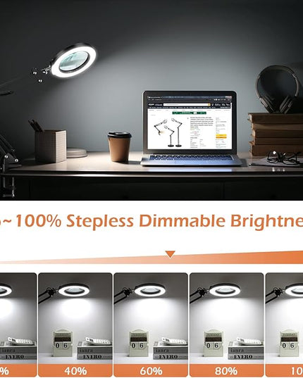 8X Magnifying Glass with Light and Stand, Krstlv LED 5 Color Modes, Stepless Dimmable Magnifying Floor Lamp, 3-in-1 Adjustable Swing Arm Lighted Magnifier Lamp with Clamp for Reading, Craft, Esthetic - LeafyLoom