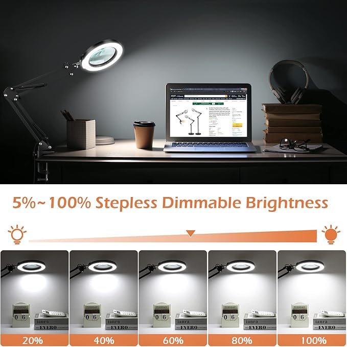 8X Magnifying Glass with Light and Stand, Krstlv LED 5 Color Modes, Stepless Dimmable Magnifying Floor Lamp, 3-in-1 Adjustable Swing Arm Lighted Magnifier Lamp with Clamp for Reading, Craft, Esthetic - LeafyLoom