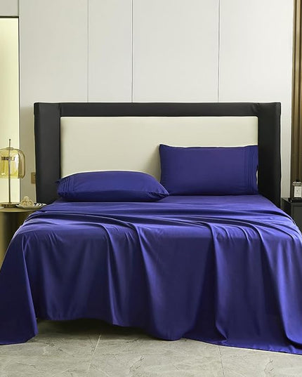 Bed Sheet Set - Brushed Microfiber Bedding - Bedding Sheets & Pillowcases - Deep Pockets - Easy Fit - Breathable & Cooling Sheets - 4 Piece King Blue Set - LeafyLoom