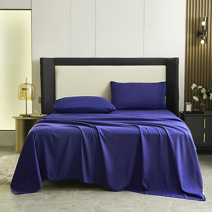 Bed Sheet Set - Brushed Microfiber Bedding - Bedding Sheets & Pillowcases - Deep Pockets - Easy Fit - Breathable & Cooling Sheets - 4 Piece King Blue Set - LeafyLoom