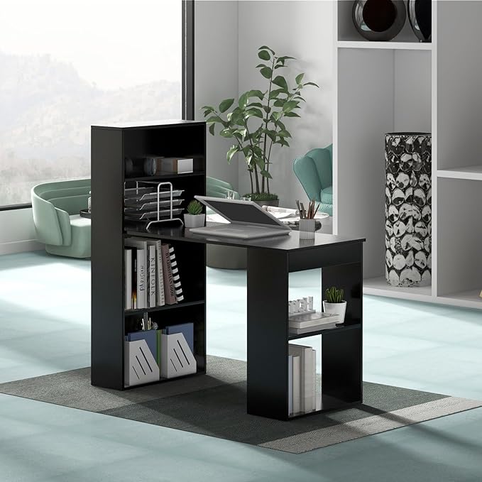 Computer Desk with Shelves, Black - LeafyLoom