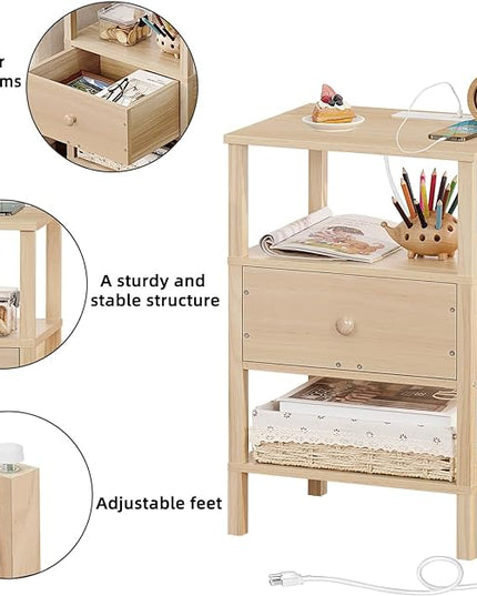 Lerliuo Nightstand Set of 2 with Charging Station and USB Ports, 3-Tier Storage End Table with Drawer Shelf, Night Stand for Small Spaces, Wood Bedside Table for Living Room, Bedroom-Light Wood Grain - LeafyLoom