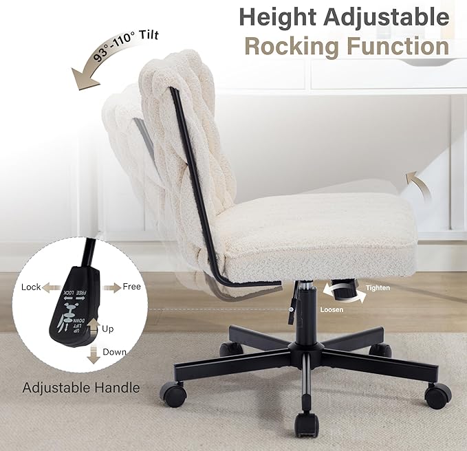 Criss Cross Legged Office Desk Chair with Wheels, Modern Armless Desk Chair with Wide Seat, Home Office Chair for Work, Meditation, Vanity, Beige - LeafyLoom