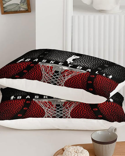 Axolotl Basketball Bedding Set for Boys Kids Teens,Soft Microfiber Black and Red Sports Theme Basketball Bedding Sets Queen Size with 1 Comforter and 2 Pillowcases All Season - LeafyLoom