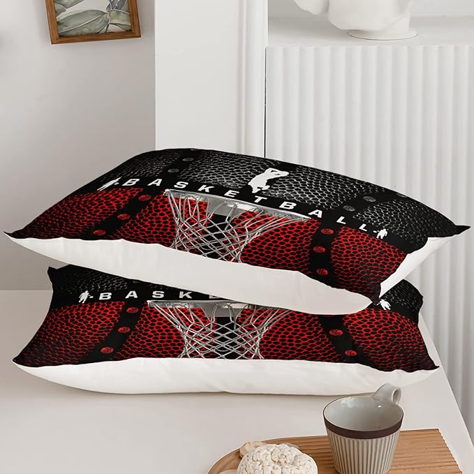 Axolotl Basketball Bedding Set for Boys Kids Teens,Soft Microfiber Black and Red Sports Theme Basketball Bedding Sets Queen Size with 1 Comforter and 2 Pillowcases All Season - LeafyLoom