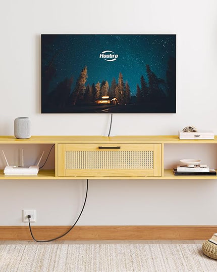 HOOBRO Floating TV Stand for TV up to 75 inches, Wall-Mounted TV Cabinet with 4 Power Outlet, Floating Entertainment Center TV Media Console Shelves with Rattan Flip-Down-Door, Natural NL160UDS01 - LeafyLoom