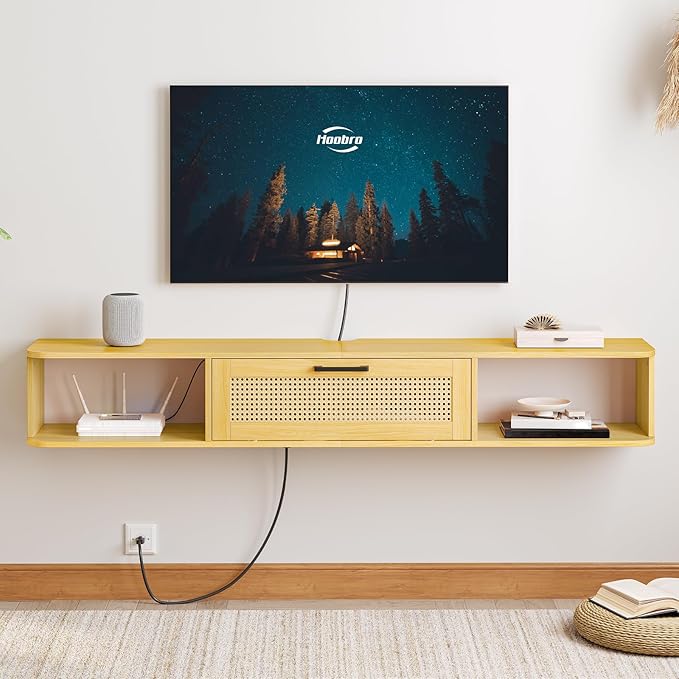 HOOBRO Floating TV Stand for TV up to 75 inches, Wall-Mounted TV Cabinet with 4 Power Outlet, Floating Entertainment Center TV Media Console Shelves with Rattan Flip-Down-Door, Natural NL160UDS01 - LeafyLoom