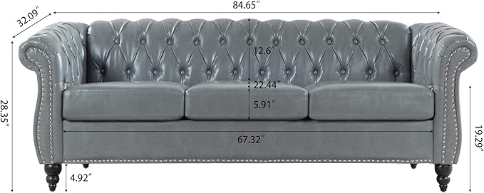 3-Seaters Living Room Clasic Chesterfield Sofa Couch Button Tufted PU Leather Upholstered Sofa&Couch with Luxury Roller Armrest Soild Wood Legs Movable Cushions & Nailhead Decor - LeafyLoom