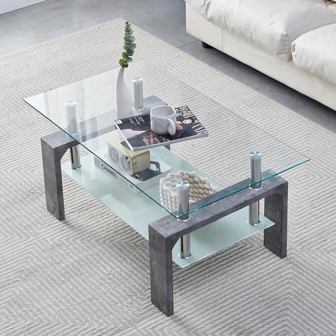 Living Room Rectangle Coffee Table, Tea Table Suitable for Waiting Room, Modern Side Coffee Table with Wooden Leg, Glass Tabletop with Lower Shelf,Grey Marble - LeafyLoom