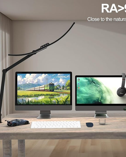 Architect Desk Lamp with Clamp, 1500LM Bright Curved 24W Led Desk Light for Home Office, Adjustable Clip On Rotating Office lamp Tall Dimmable Overhead Table Light for Computer Drafting - LeafyLoom
