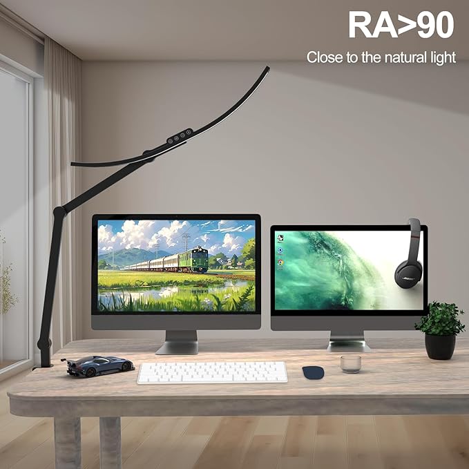 Architect Desk Lamp with Clamp, 1500LM Bright Curved 24W Led Desk Light for Home Office, Adjustable Clip On Rotating Office lamp Tall Dimmable Overhead Table Light for Computer Drafting - LeafyLoom