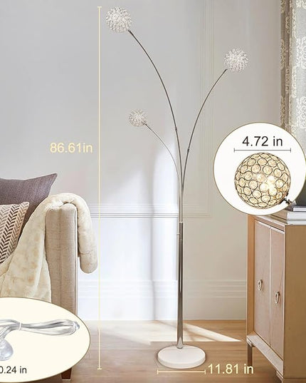 DLLT Floor Lamps for Living Room, 3-Light Chrome Arc Standing Lamp, 86.6" Modern Tall Tree Floor Lamp with Adjustable Arms, Multi-Head LED Floor Lamps for Bedroom, Study, Office, G9 Bulbs Included - LeafyLoom