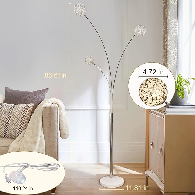 DLLT Floor Lamps for Living Room, 3-Light Chrome Arc Standing Lamp, 86.6" Modern Tall Tree Floor Lamp with Adjustable Arms, Multi-Head LED Floor Lamps for Bedroom, Study, Office, G9 Bulbs Included - LeafyLoom