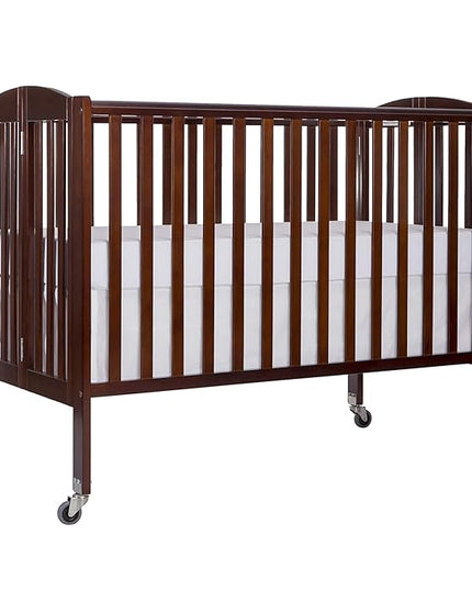 Folding Full Size Convenience Crib In Espresso, Two Adjustable Mattress Height Positions, Comes With Heavy Duty Locking Wheels, Flat Folding Crib - LeafyLoom