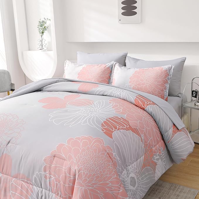 Yiran 7 Pieces Blush Grey Comforter Set Floral Bed in a Bag Soft Microfiber Comforter Bedding Set Queen Size 90"×90"(1 Comforter,2 Pillowcases,2 Pillow Shams,1 Flat Sheet,1 Fitted Sheet) - LeafyLoom