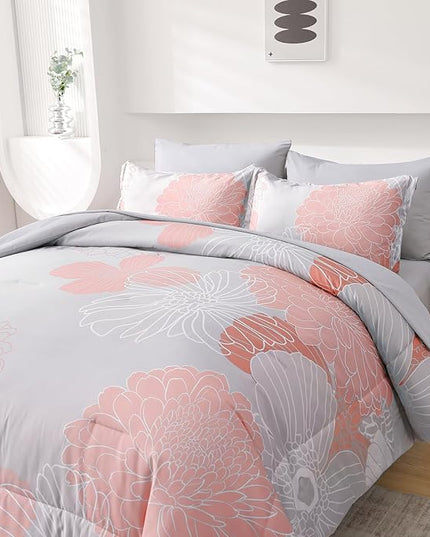 Yiran Blush Grey Floral Bed in a Bag Comforter 7 Pieces Soft Microfiber Comforter Set Bedding Set King Size 103"×90"(1 Comforter,2 Pillowcases,2 Pillow Shams,1 Flat Sheet,1 Fitted Sheet) - LeafyLoom