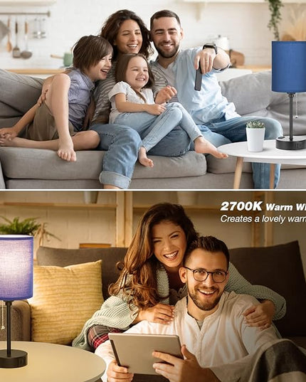 Blue Table Lamps 3 Color Temperatures - 2700K 3500K 5000K Bedside Lamps with USB C and A Ports, Pull Chain Lamps for Bedrooms with AC Outlet, Nightstand Lamps with Black Metal Base for Kids Boys - LeafyLoom