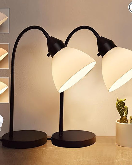 2 Pack LED Desk Lamp for Home Office, 3 Levels Dimmable Reading Light Flexible Gooseneck Table Lamp for Bedside Office, Rotary Switch Control, Bulb Included - LeafyLoom