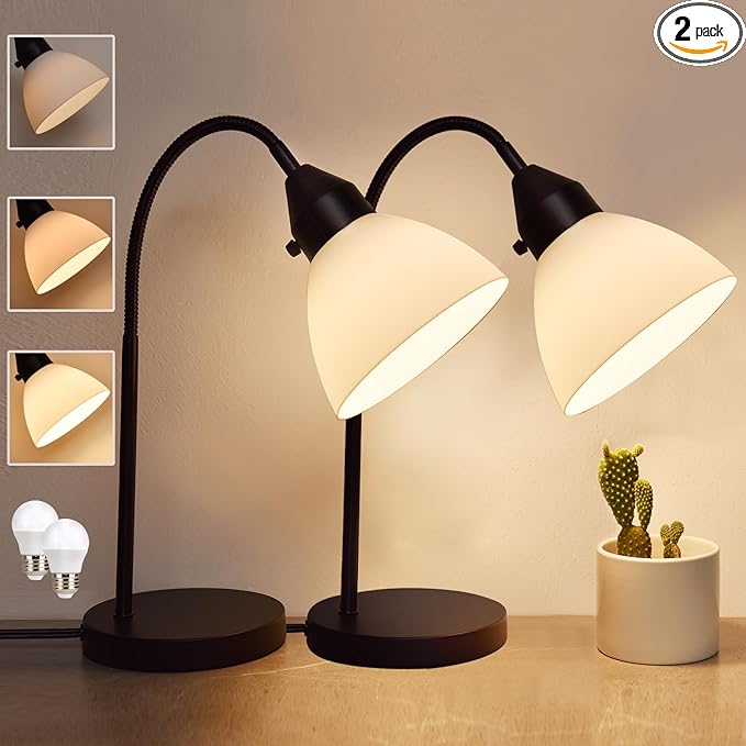 2 Pack LED Desk Lamp for Home Office, 3 Levels Dimmable Reading Light Flexible Gooseneck Table Lamp for Bedside Office, Rotary Switch Control, Bulb Included - LeafyLoom