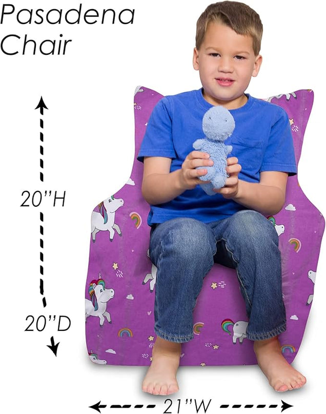 Posh Creations Structured Comfy Bean Bag Chair for Gaming, Reading, and Watching TV, Pasadena Chair, Canvas - Unicorn and Rainbows on Purple - LeafyLoom
