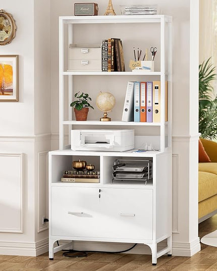 Homieasy File Cabinet with Charging Station, Vertical Filing Cabinet with Lock & Large Drawer, Printer Stand with Storage Shelves, Office Storage Cabinet fits Letter/A4/Legal Size, White - LeafyLoom