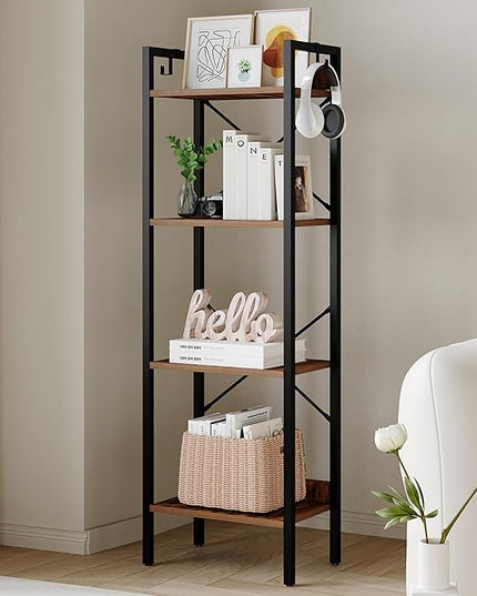 Bookshelf, Book Shelf, Industrial Bookcase with 2 Hooks, Coner Shelf Storage Organizer for Home Office, Living Room, Bedroom, Kitchen, 4-Tier Rustic Brown BC10401B - LeafyLoom