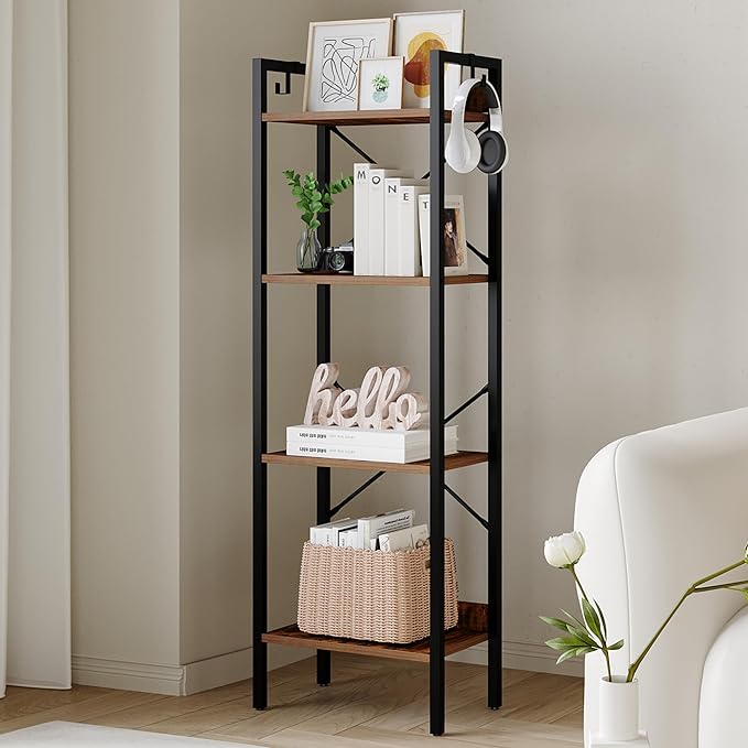 Bookshelf, Book Shelf, Industrial Bookcase with 2 Hooks, Coner Shelf Storage Organizer for Home Office, Living Room, Bedroom, Kitchen, 4-Tier Rustic Brown BC10401B - LeafyLoom