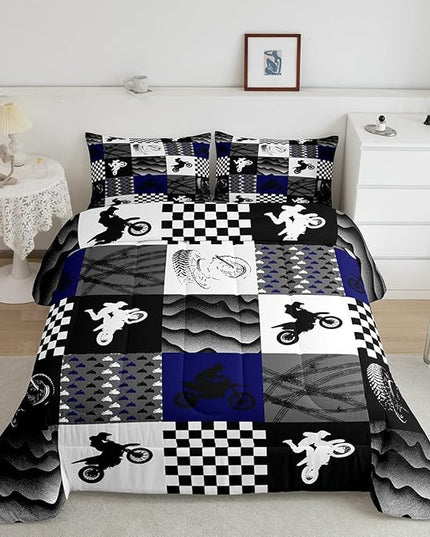 Dirt Bike Comforter Set, Motocross Rider Bedding Comforter Sets King, Motorcycle Grunge Down Comforter for Kids Boys Adult Men, Motorbike Extreme Sport Game Comforter, Buffalo Plaid, Blue Grey Black - LeafyLoom
