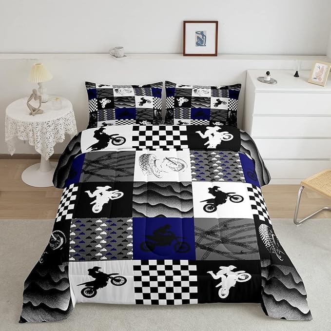 Dirt Bike Comforter Set, Motocross Rider Bedding Comforter Sets King, Motorcycle Grunge Down Comforter for Kids Boys Adult Men, Motorbike Extreme Sport Game Comforter, Buffalo Plaid, Blue Grey Black - LeafyLoom