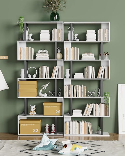 Gadroad 6 Tier Geometric Bookcase,S Shaped Bookshelf, Wood Decorative Storage Shelving, Modern Freestanding Display Shelves, Tall Book Shelf Unit for Living Room Bedroom, White - LeafyLoom