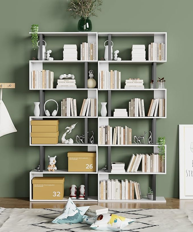 Gadroad 6 Tier Geometric Bookcase,S Shaped Bookshelf, Wood Decorative Storage Shelving, Modern Freestanding Display Shelves, Tall Book Shelf Unit for Living Room Bedroom, White - LeafyLoom