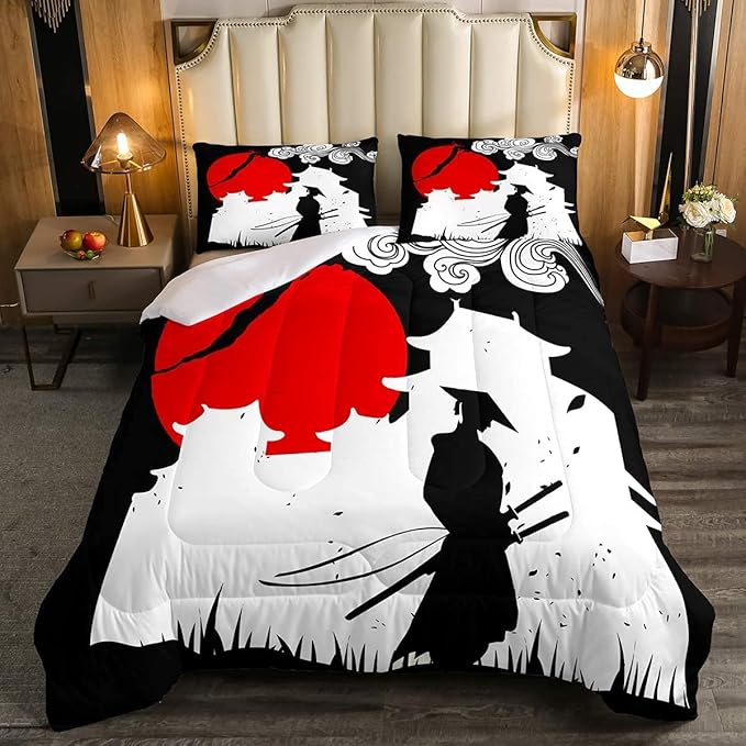 Erosebridal Samurai Comforter Set King Size, Sunset Print Down Comforter, Japan Quilted Duvet, Building Silhouette Breathable Quilt Set, Japanese Ukiyoe Bedding Set, Ultra Lightweight - LeafyLoom
