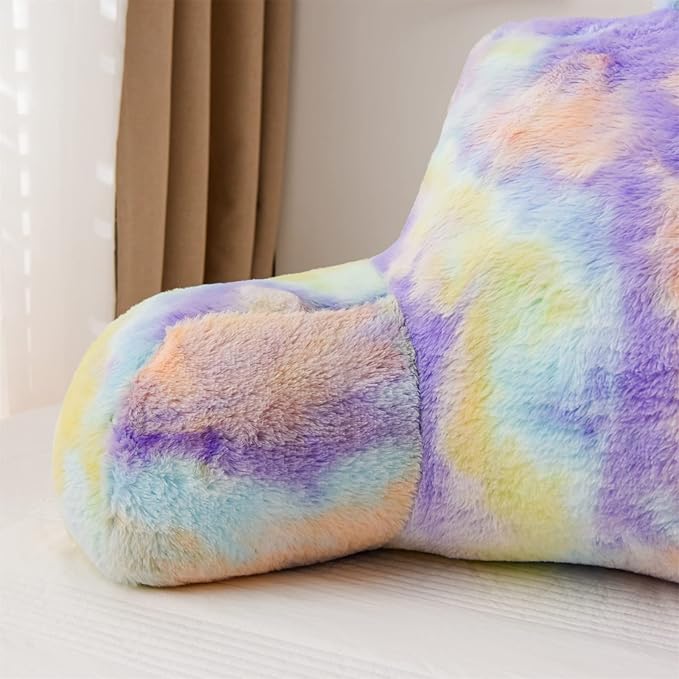 A Nice Night Faux Fur Reading Pillow Bed Wedge Large Adult Children Backrest with Arms Back Support for Sitting Up in Bed/Couch for Bedrest,Tie Dyed Purple - LeafyLoom