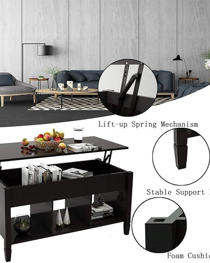 Lift Top Coffee Table, Coffee Table with Open Shelves and Lift Top Design, Modern Center Tables for Living Room, Home, Office, Black - LeafyLoom