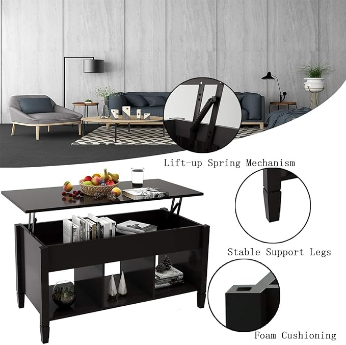 Lift Top Coffee Table, Coffee Table with Open Shelves and Lift Top Design, Modern Center Tables for Living Room, Home, Office, Black - LeafyLoom